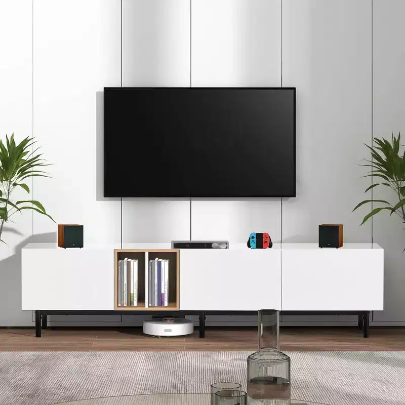 Modern TV Stand for 80 TV with 3 Doors, Entertain Center with Large Storage Cabinet for Living Room Bedroom White