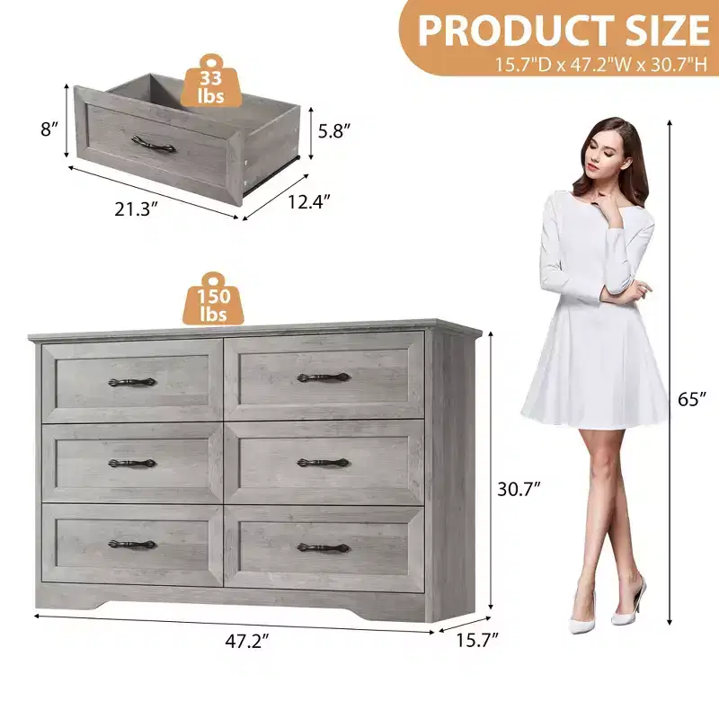 6 Drawers Dresser for Bedroom, Chest of Drawers with Wide Metal Handle, Storage Organizer Dressers