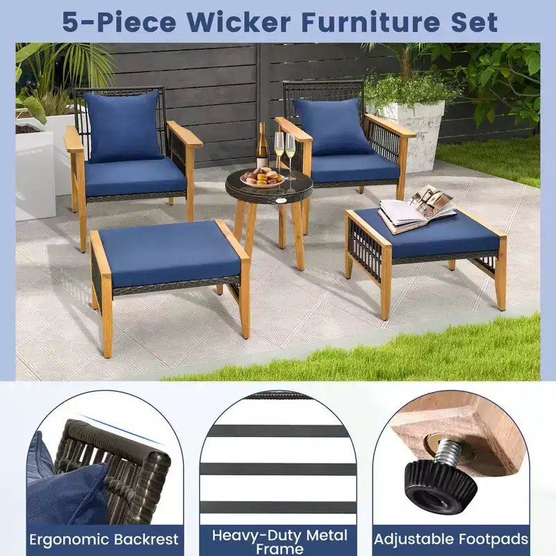 Costway 5 Pcs Patio Acacia Wood Wicker Woven Furniture Set with Coffee Table & 2 Ottomans Navy/Beige