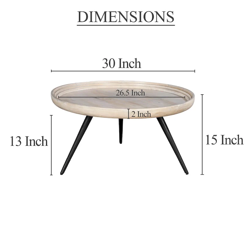 30-Inch Round Tray Top Coffee Table, Handcrafted Mango Wood, Washed White