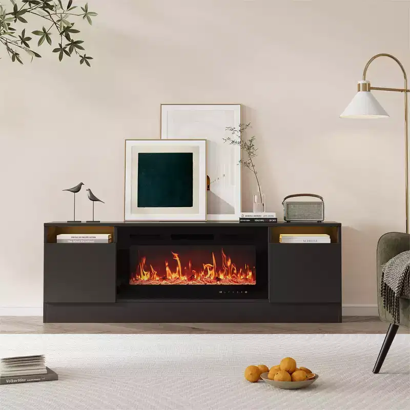 Modern TV Stand with LED Lighting, Storage Cabinets and Shelves