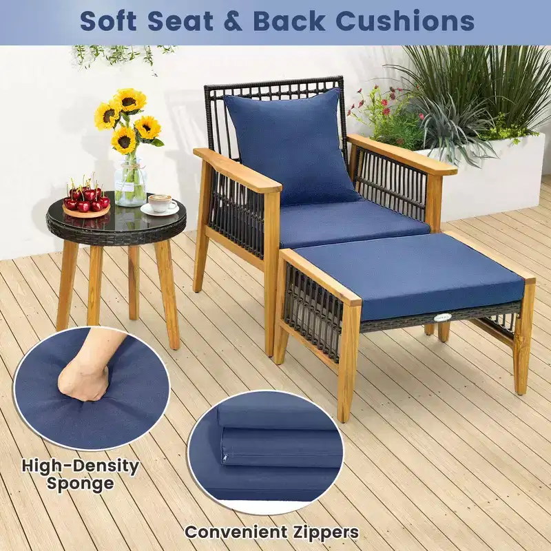 Costway 5 Pcs Patio Acacia Wood Wicker Woven Furniture Set with Coffee Table & 2 Ottomans Navy/Beige