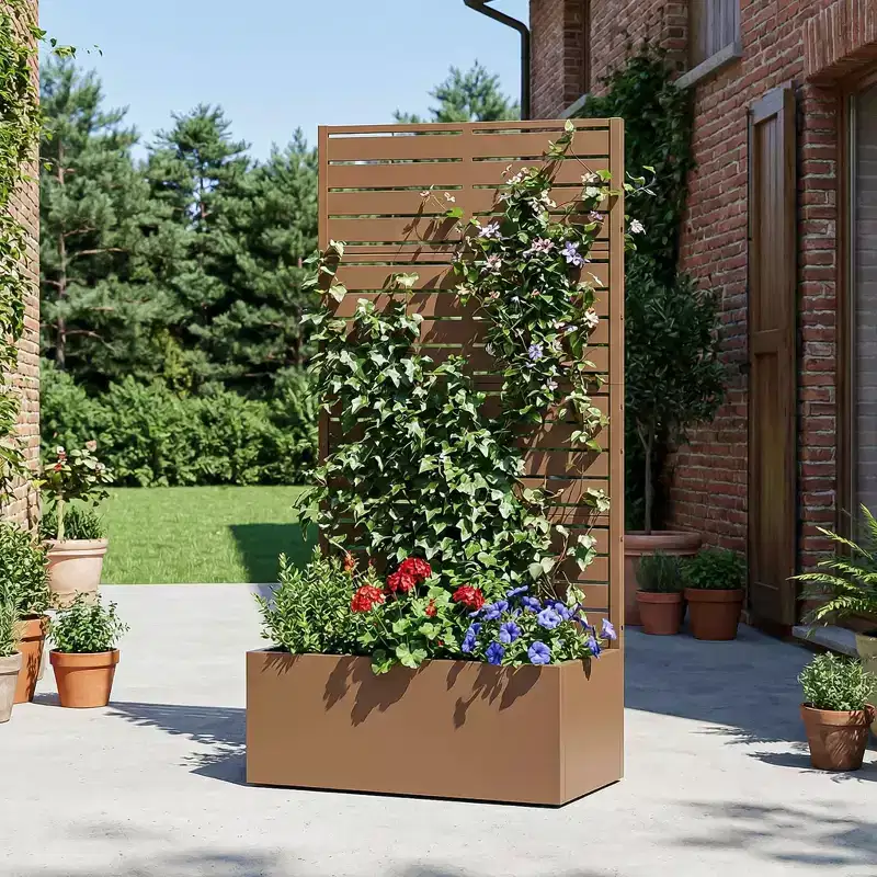 MAYEERTY Brown Wrought Iron Planter with Trellis (Classic Louvered), 59x30x12, 4-Piece Durable Outdoor Planting Solution
