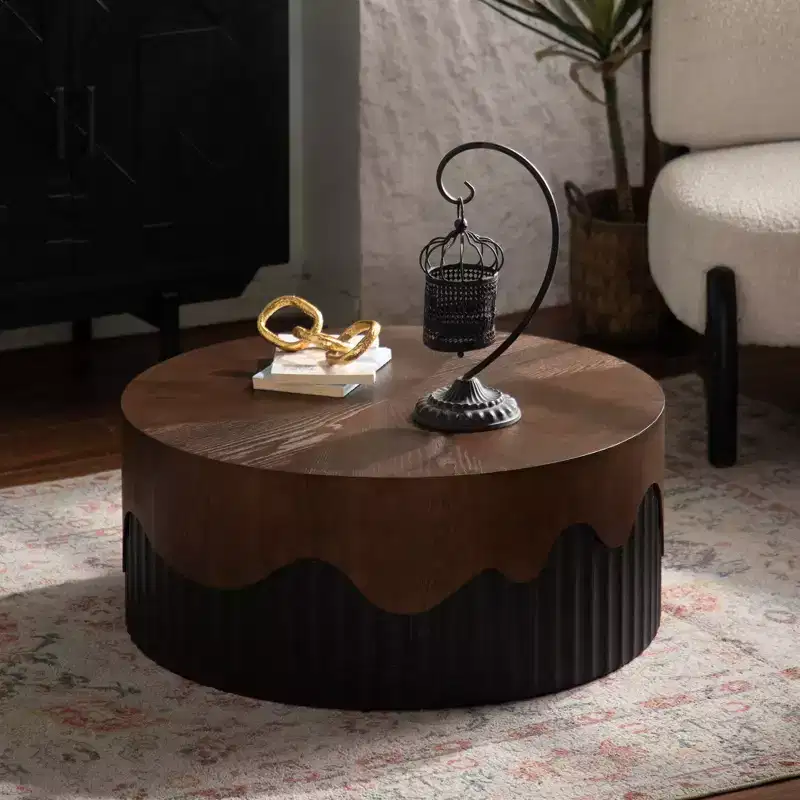 30.31 inch Round Coffee Table with Real Bark Texture Veneer and Walnut Finish