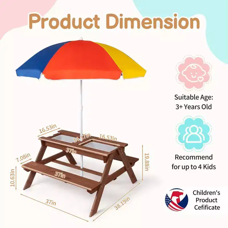 Karl Home Kids Wood Rectangle Outdoor Picnic Table and Bench with Umbrella and Play Boxes