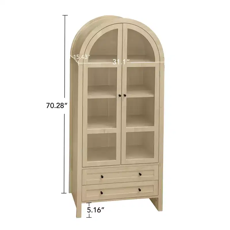 70.28in Tall Arched Kitchen Storage Display Cabinet, Farmhouse Pantry with Adjustable Shelves, Versatile Cupboard for Dining Room Living Room
