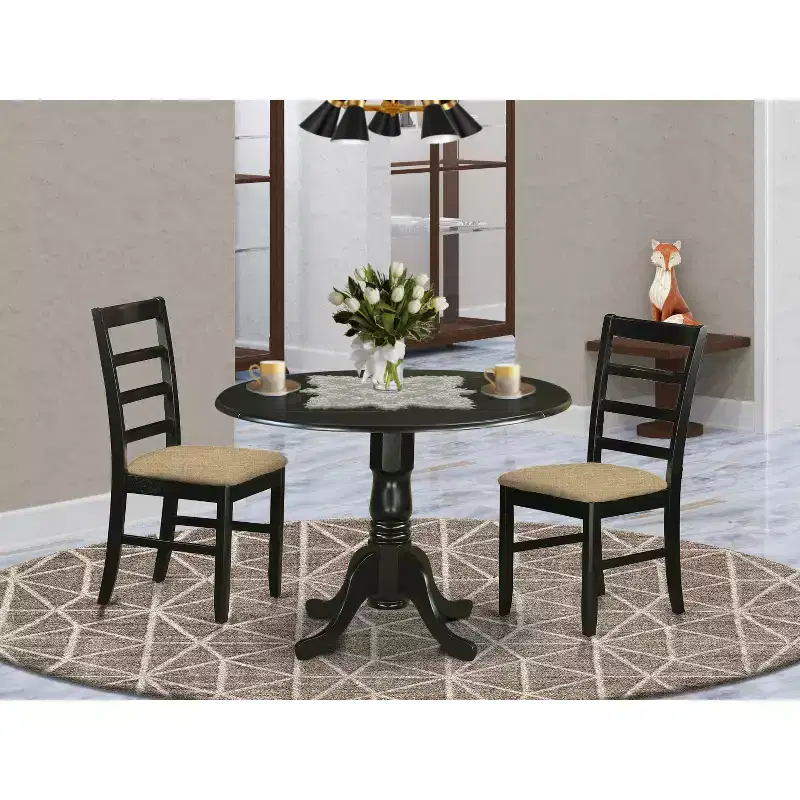 HomeStock 3 Piece Dining Set Round Table Linen Chairs Black Cherry