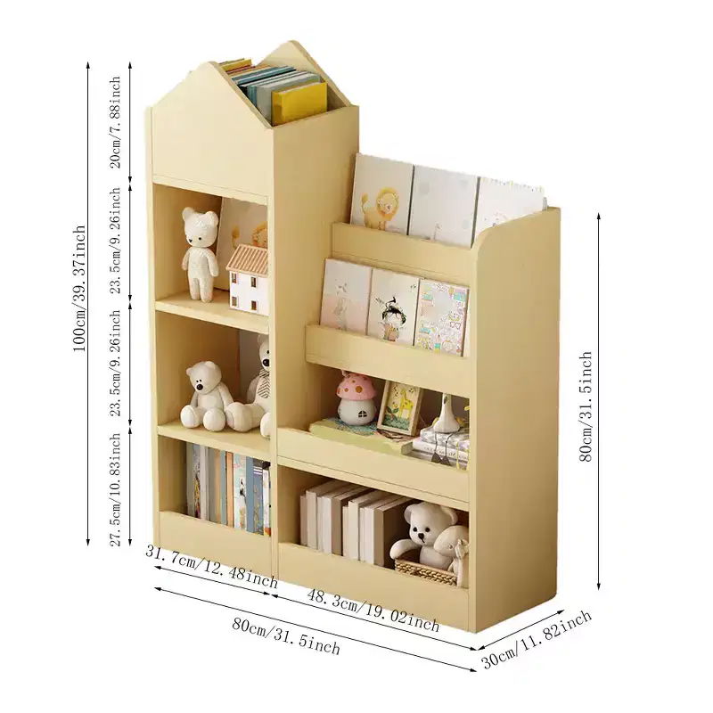 Wooden Bookshelf Storage Organizer with Bookcase, 's Bin Storage Unit with 6 Compartments 2 Baskets Bins Box Organizer