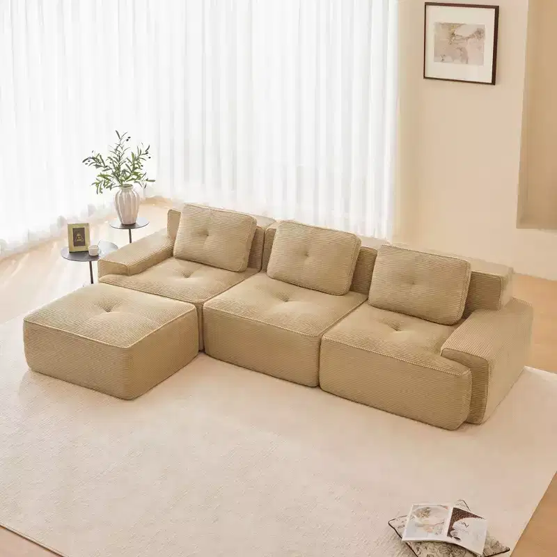 117 Modern L-Shaped Modular Sectional Sofa for Living Room, Corduroy Fabric,3-Seater Couch with Deep Seat and Movable Ottoman, Camel