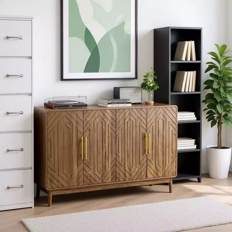 Walnut 4-Door Accent Cabinet with Storage for Dining or Living Room
