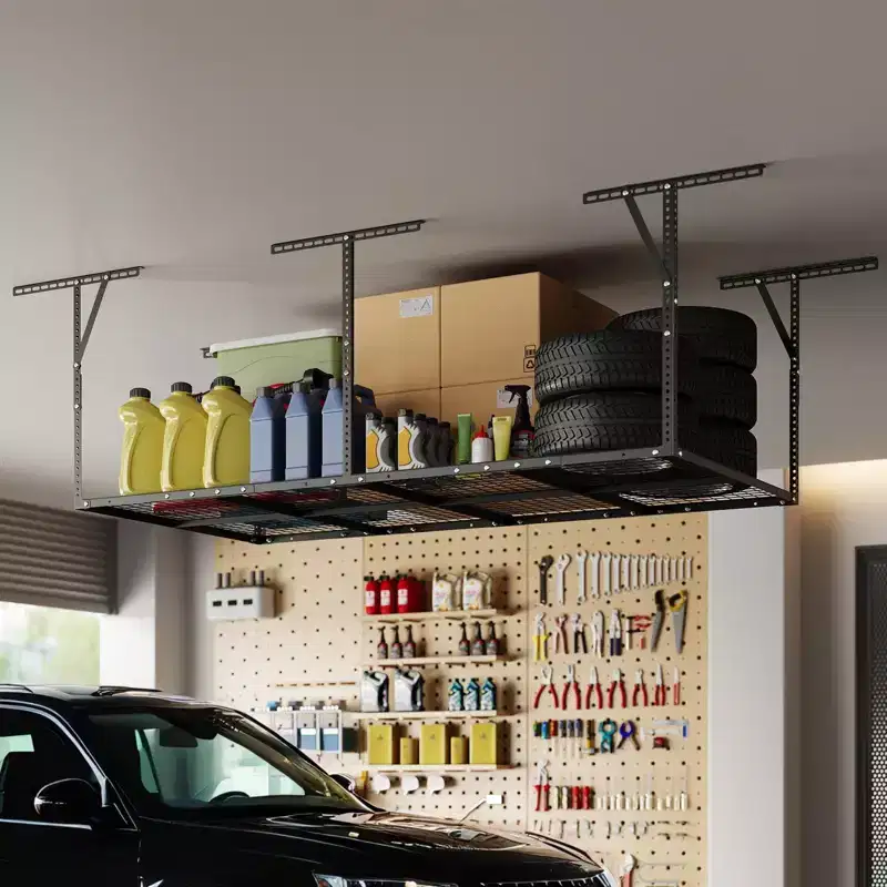 Heavy-Duty Overhead Garage Storage Rack  Ceiling Mounted Steel Shelving System (600LBS Capacity, Adjustable Height, 1-Pack)