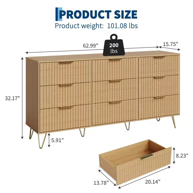 Fluted Dresser for Bedroom with 9 Drawers,Modern Chest of Drawers with Metal Handle,Wooden Dresser TV Stand, Storage Organizer for Living Room