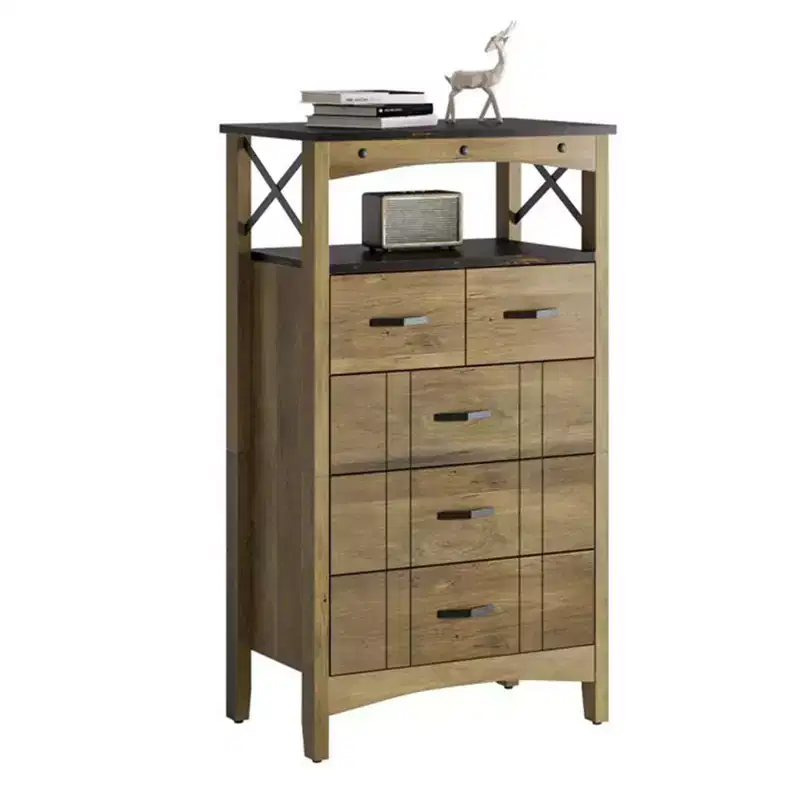Bestier Rustic Storage Cabinet Organizer Table with 2 Display Shelves and 5 Drawers for Living Room, Office, Bedroom, or Hallway, Brown