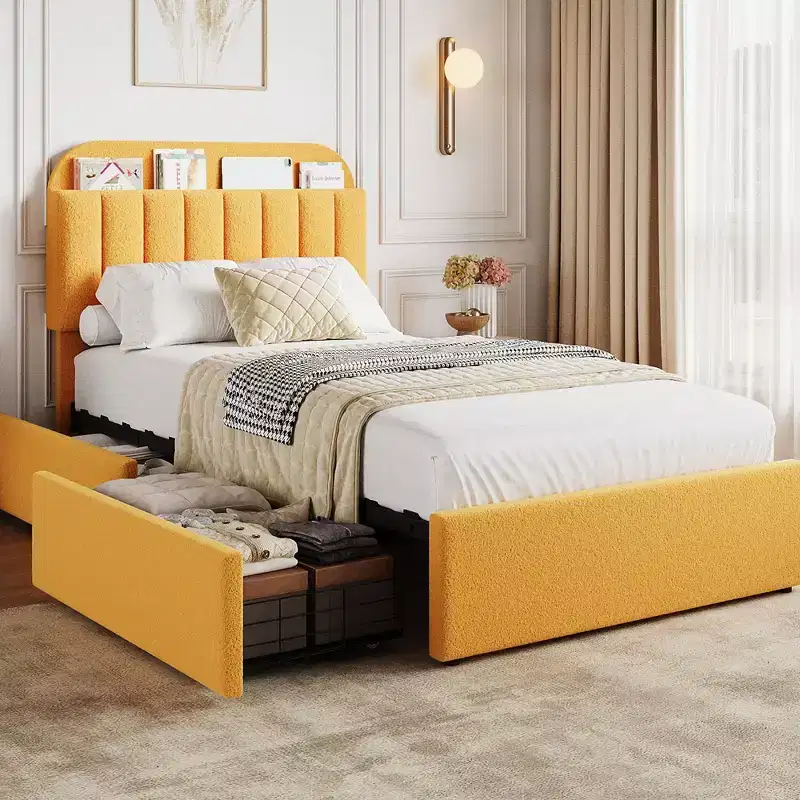 Full Bed Frame with Storage Headboard, Girls Bed Frame with 2 Drawers, Boucle Upholstered Platform Bed with Bookcase, No Box Spring Needed