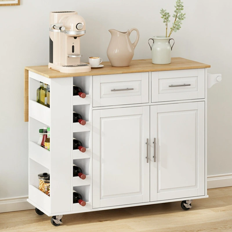 Multi-Functional Kitchen Island Cart with Spice Rack, Towel Holder, Wine Rack, and Foldable Rubberwood Table Top