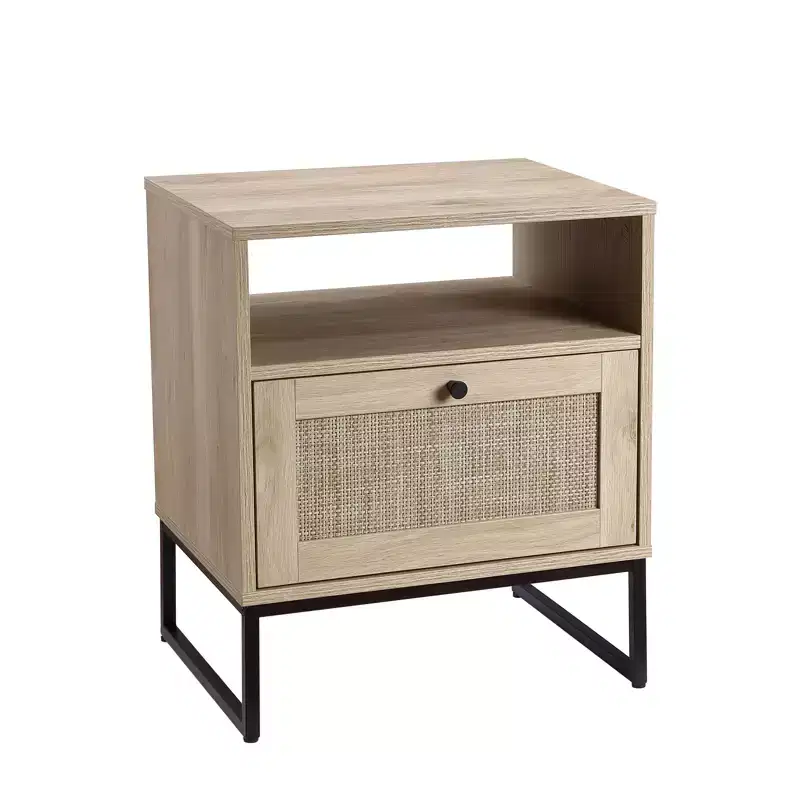 1 Light Oak Color and Black Flip-Down Door Side Table Rattan Series with Rattan Table Feature