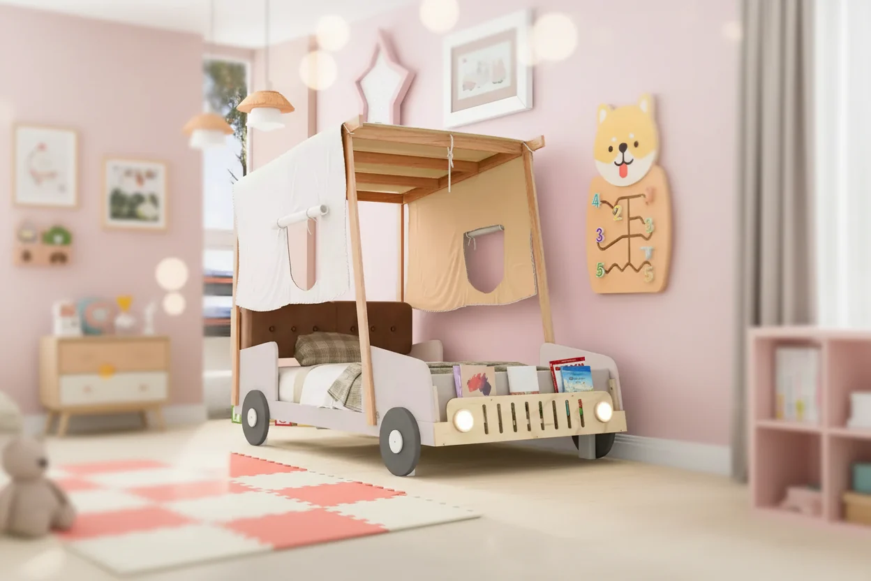 Twin/Full Wood Car Bed with Car Light Shape LED, Pillow and Ceiling Cloth, Low Floor Car-Shaped Platform Bed for Kids Boys Girls Bedroom