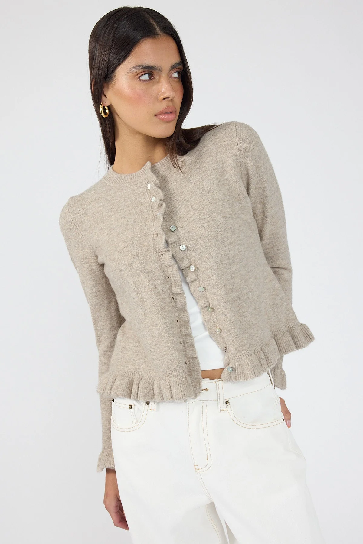 Frill Knit Cardigan Taupe