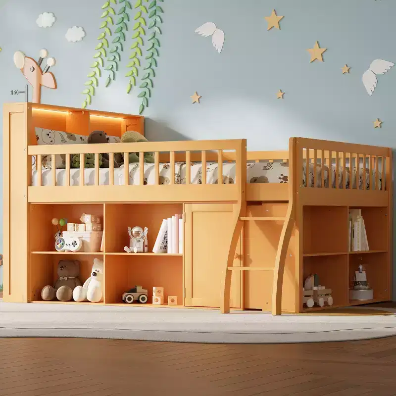 Full/Queen Low Loft Bed with Storage & LED Headboard, Wood Loft Bed with Storage Bookcase, Shelves and Guardrails for Kids