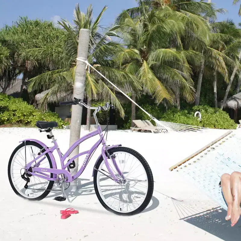 NAYSAYE Bicycle 7 Speed 26 Inch Beach Cruiser Bike Steel Frame for Women for Comfortable Rides, Purple, 69.96*28.32*43.2