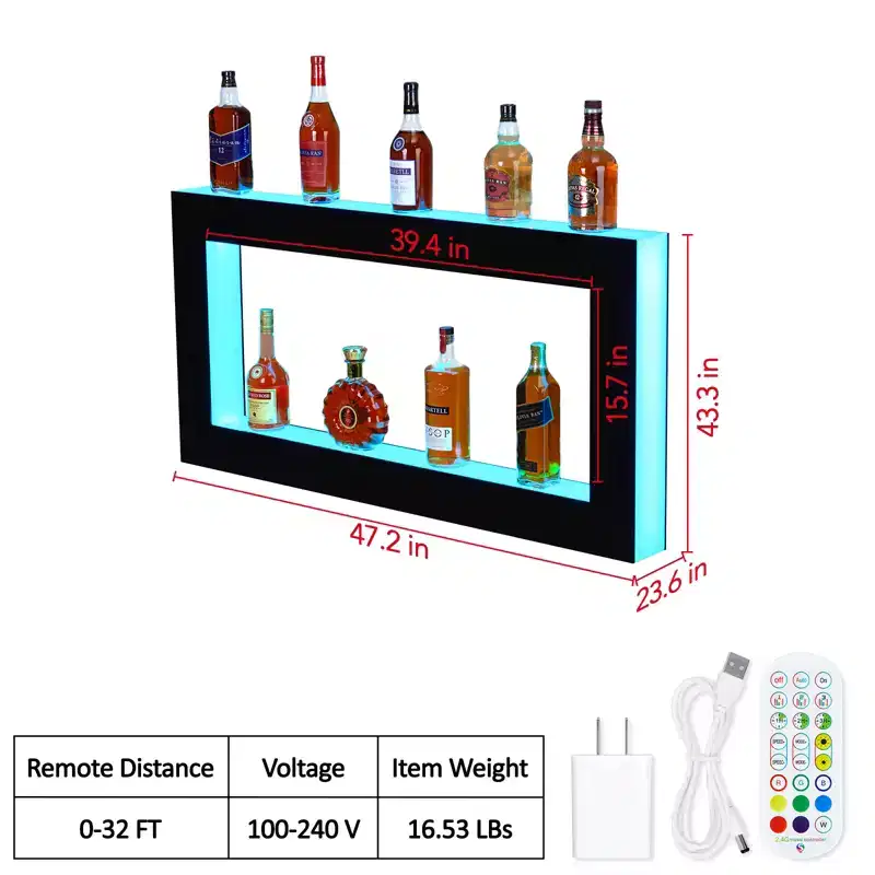 Garvee 48 LED Lighted Liquor Bottle Display Shelf, 2-Step Multifunctional Bar Shelves with Remote and App Control, Black