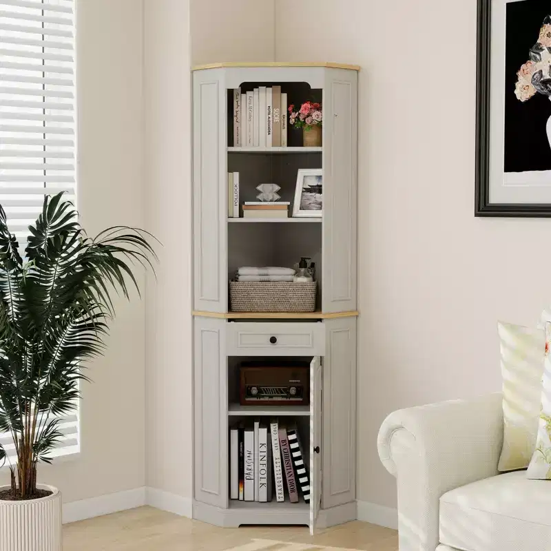 JVNOXK68-inch Tall Corner Cabinet Rustic Bar-Style Freestanding Corner Storage Unit Features 1 door, 1 drawer, and adjustable shelves White