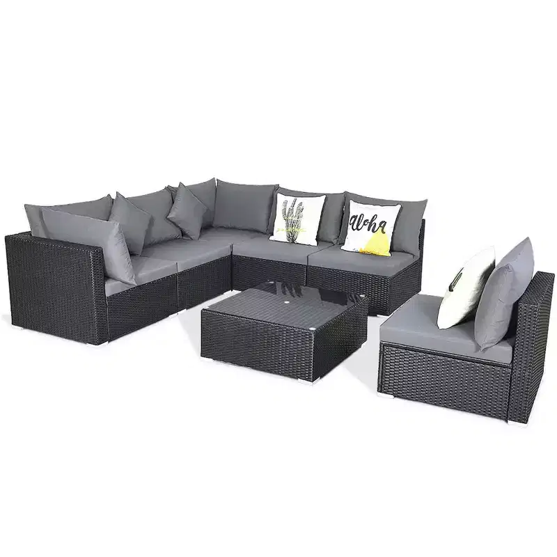 Costway 7PCS Patio Rattan Sofa Set Sectional Conversation Furniture Set Garden Beige/Navy/Gray