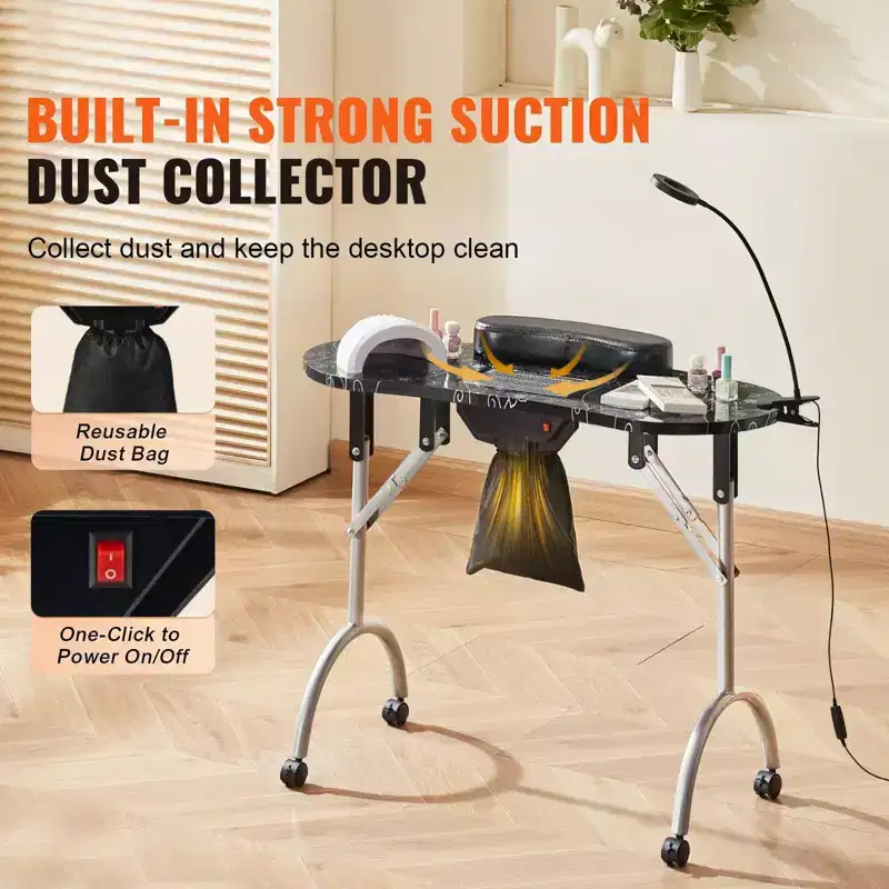 Portable Foldable Manicure Table with Electric Dust Collector LED Lamp and 4 Wheels Black