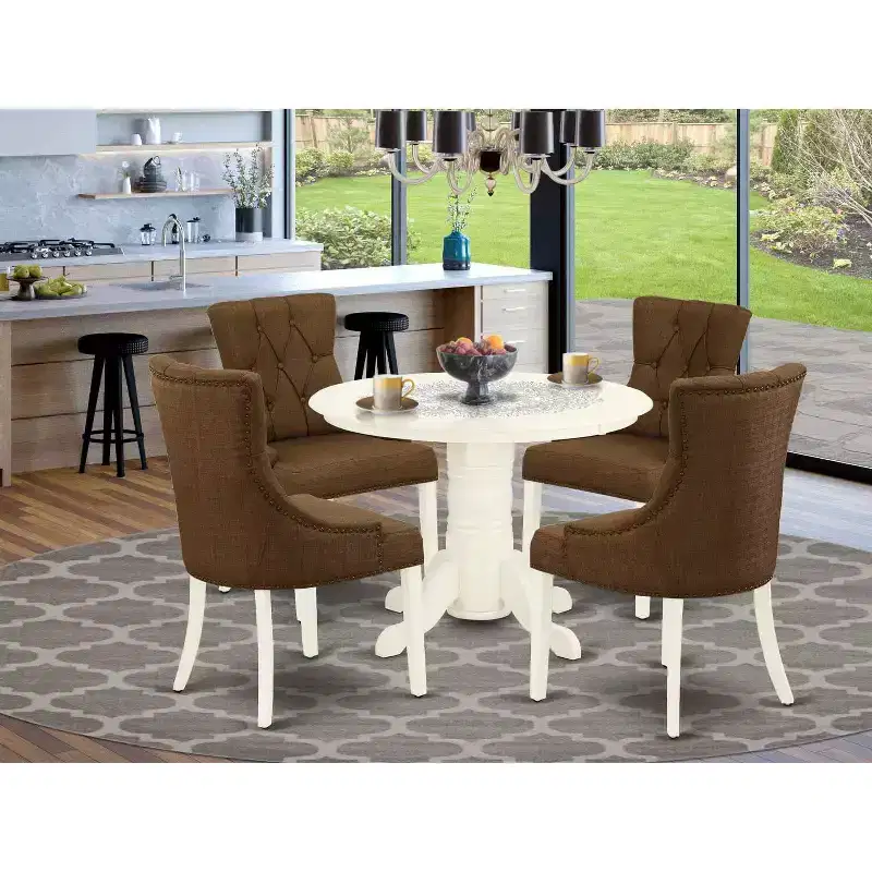 HomeStock 5-Piece Round Buttermilk & Cherry Finish Solid Wood Top Dining Table with 4 Parson Chair