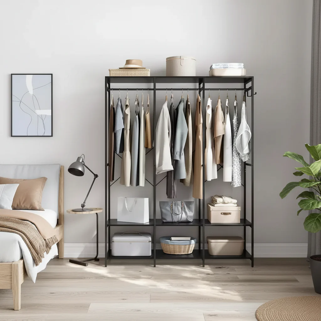 Iron and Wood Clothes Rack, Wardrobe Closet Organizer with Hanging Rods
