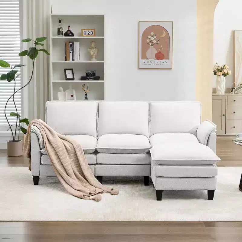 HYLEORY 75.59'' Width Modern Linen Flannel Fabric L-Shaped Sectional Sofa with Ottoman for living room