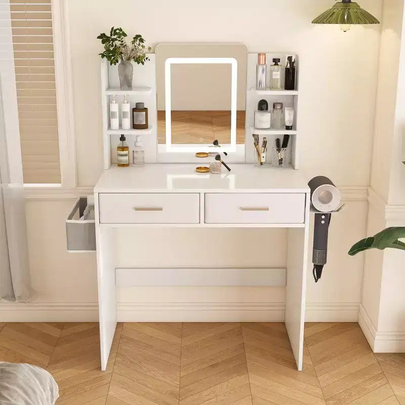 Okak Vanity Desk with Mirror and 3-Color Adjustable Strips, Makeup Vanity with 2 Large Drawers and Hair Dryer Stand, Vanity Table for Bedroom, White