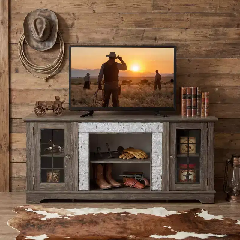 JVNOXK 58 Grey Modern TV Stand with 2-Door Storage & Faux Stone Finish
