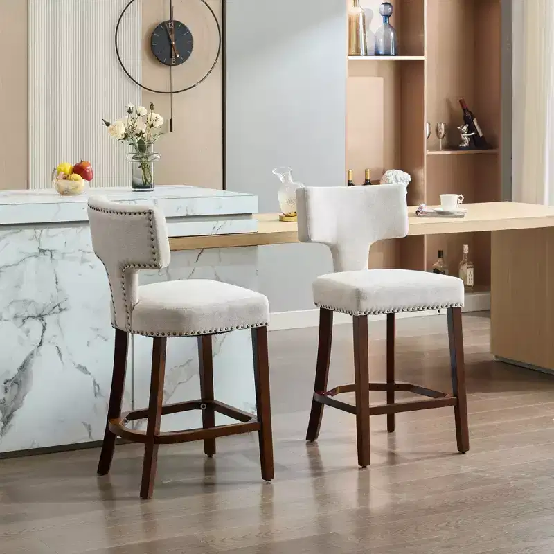 CLIHOME Set of 2 Mid Century Counter Height Bar Stools, Farmhouse Linen Fabric Upholstered Kitchen Accent Chair Curved Backrest