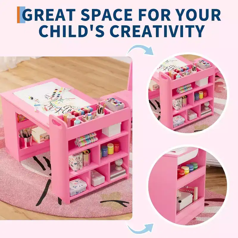 Garvee Kids Art Table and 2 Chairs, Craft Table with Large Storage Shelves,Wooden Drawing Desk Activity & Crafts for Kids