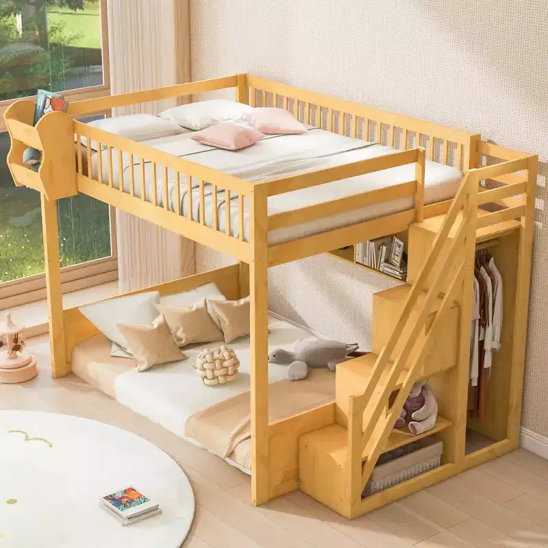 Queen Size Wooden Loft Bed with Staircase and Wardrobe, High Bunk Bed with Under-Bed Space and Convenient Storage Open Shelves for Kids Teens