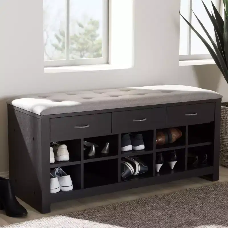 Light Gray & Dark Brown Entryway Storage Bench with Shoe Cubbies, 1-Seat