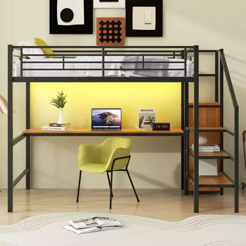 Okak Full Size Metal Bunk Bed with Desk & Storage Staircase & Safety Fence Loft Bed with Small Wardrobe & LED for Kids Teens Easy Assemble