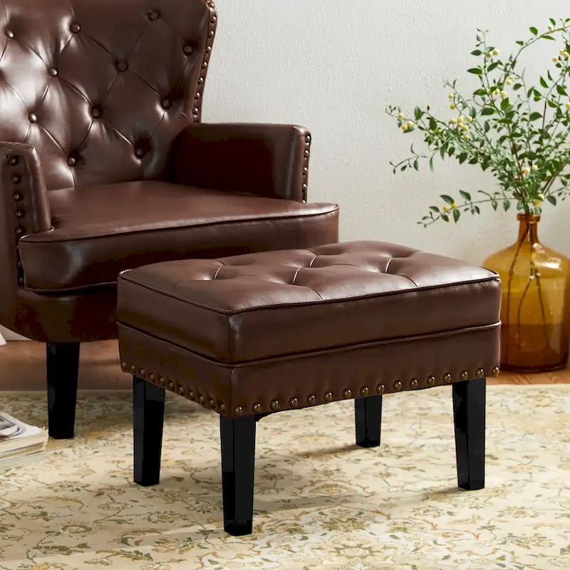 Black / Coffee Mid-Century Button-Tufted PU Leather Ottoman