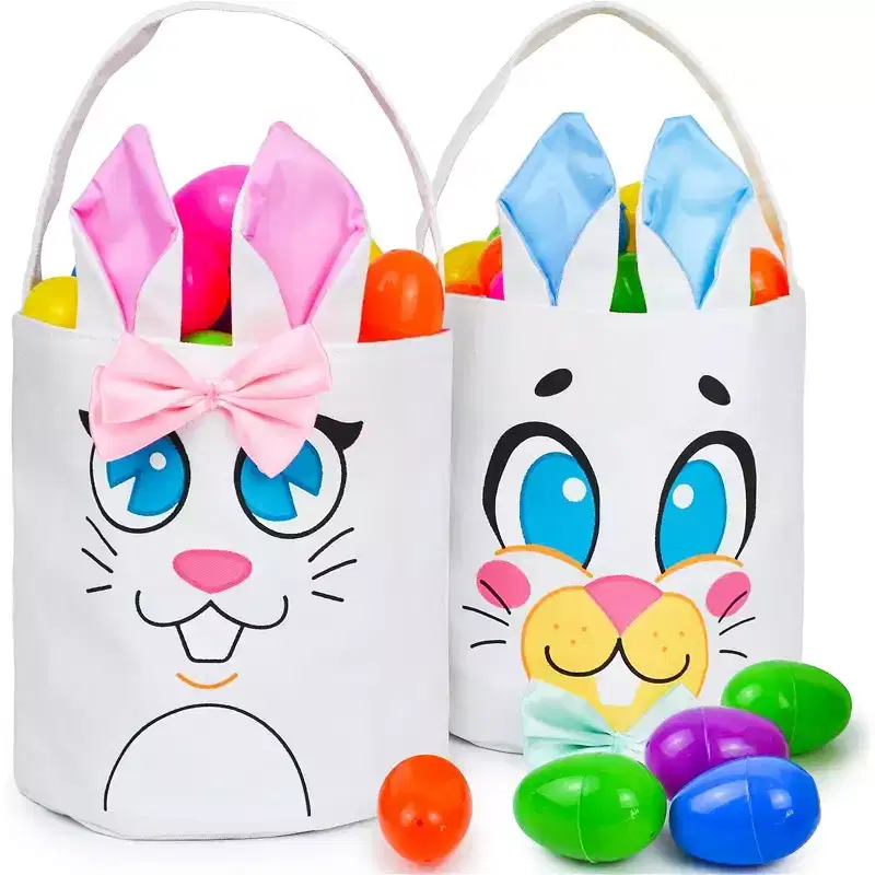 2 Pcs Easter Bunny Basket Canvas Bags for Easter Eggs Hunt, Gift Baskets Egg Bags for Kids, Kids Party Favor