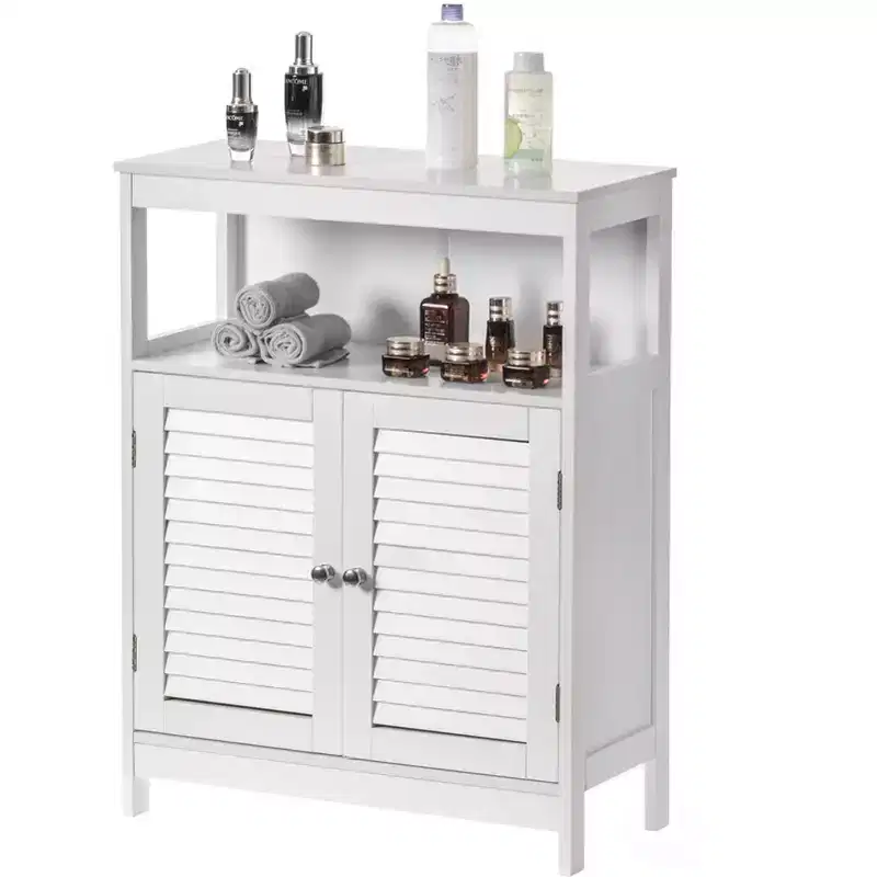 Basicwise Wooden White Modern Storage Bathroom Vanity Cabinet with Adjustable Shelves and Two Horizontal Planks Design Doors