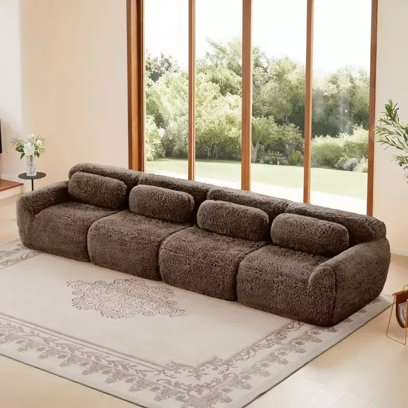 149 inch Brown Plush Fabric Boneless Sectional Sofa with Throw Pillows for Living Rooms ( Buckle Connection)