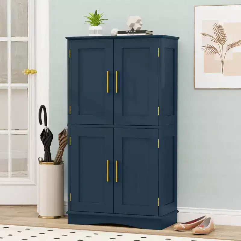 Costway Bathroom Floor Storage Cabinet 43.5 Freestanding Pantry Cabinet with 4 Doors Black/Blue/Gray/White
