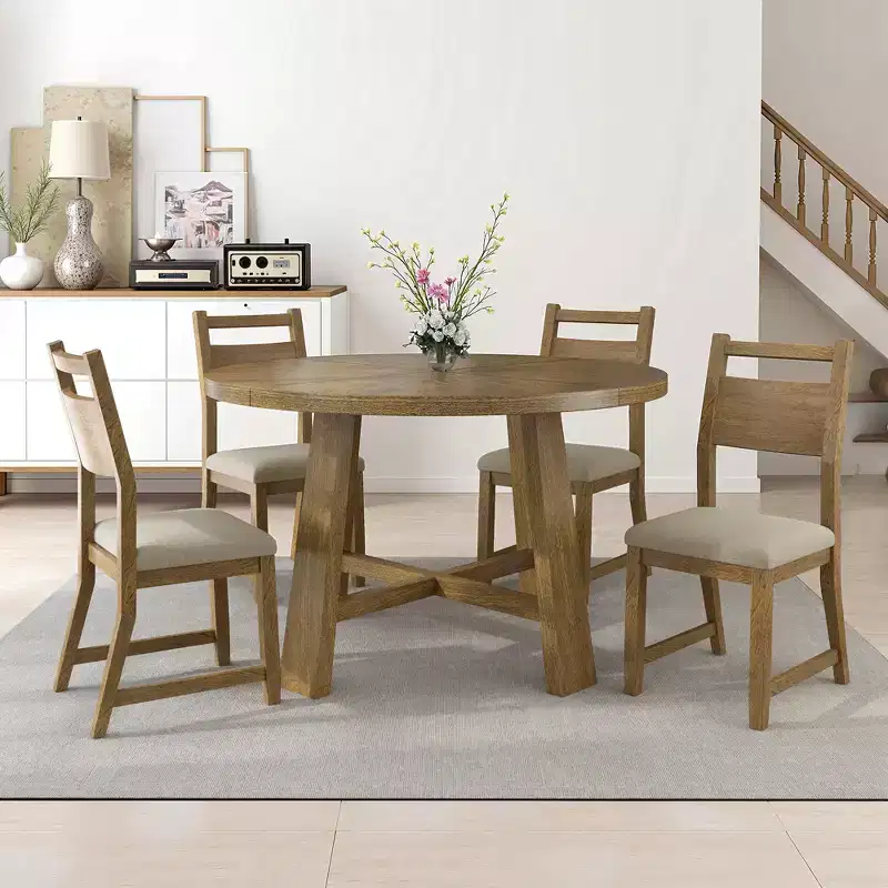 AMERLIFE Round Solid Wood Dining Table Set for 4, 5-Piece Mid-Century Dining Set with Padded Chairs, Space-Saving Design, Easy Assembly