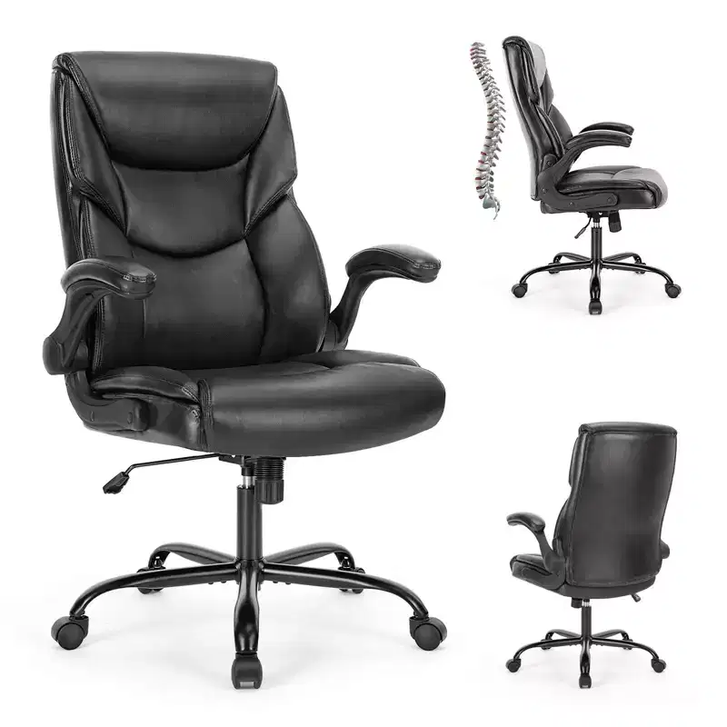 Adjustable Flip-up Armrest PU Leather Office Chair with Lumbar Support and Strong Metal Base