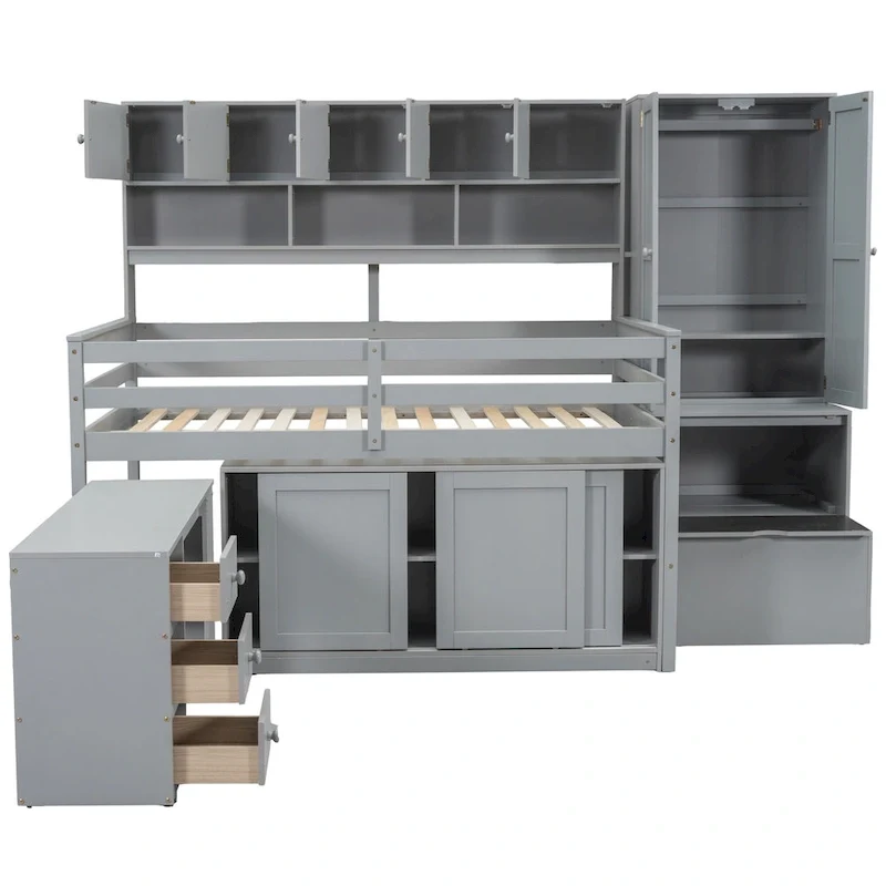 Gray / White Full Size Loft Bed with Shelves and Swing-Out Drawers for 1–2 Person