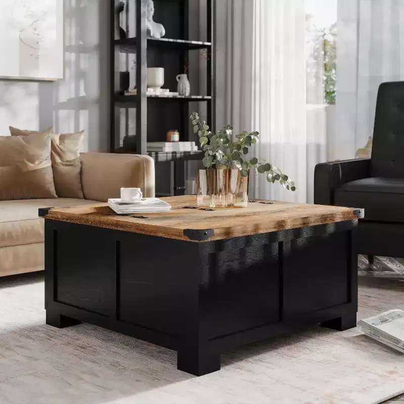 Emma and Oliver Farmhouse Coffee Table with Clamshell Style Hinged Table Top and Hidden Storage