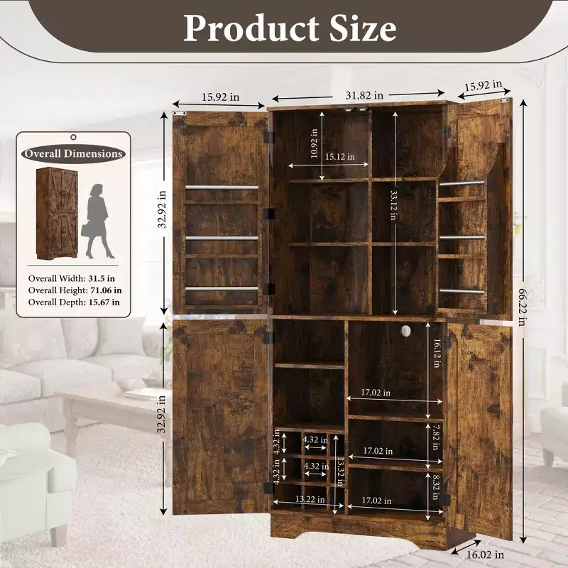 Ora Maison 71 Tall Kitchen Pantry Cabinet, Freestanding Wooden Cupboard with Bottle Storage, Adjustable Shelves & 6 Door Racks, Rustic Brown