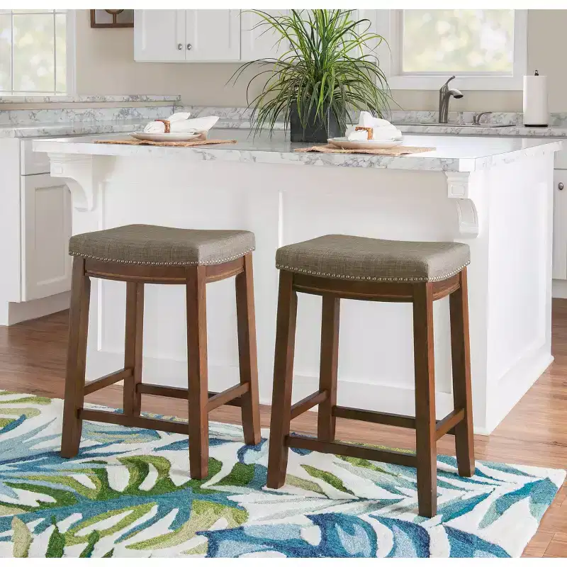 Counter Height Barstool Rustic Brown Natural Linen Upholstered Backless