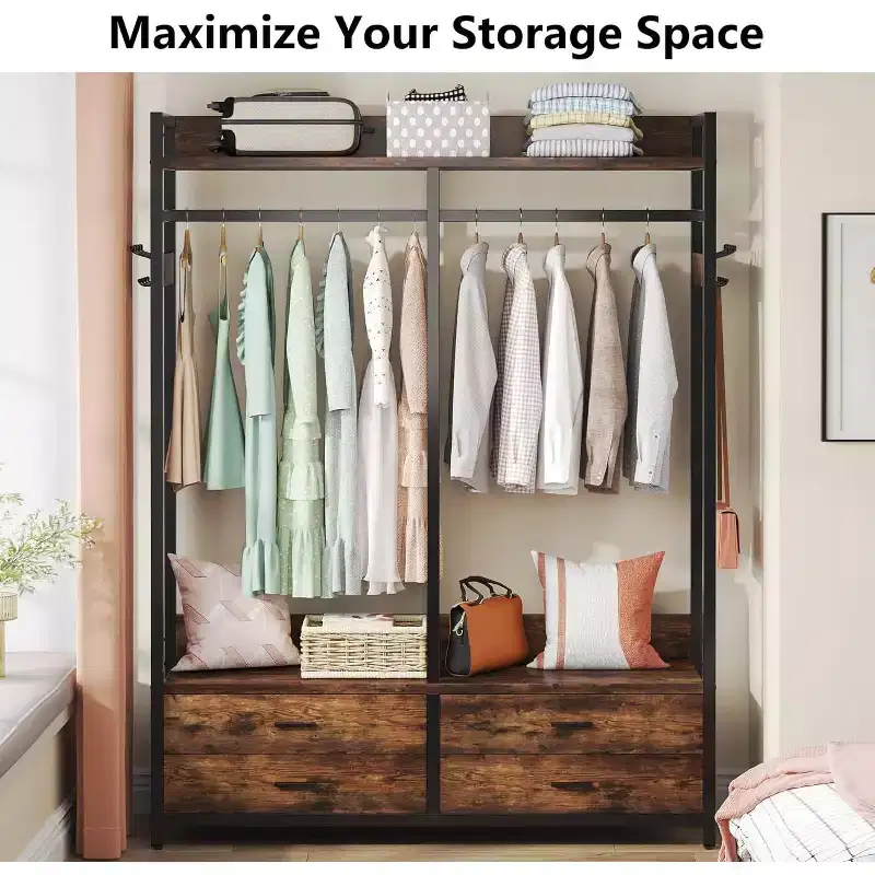 Lantine Closet Organizer Garment Rack with 4 Drawers and Hooks for Bedroom, Living Room, Rustic Brown
